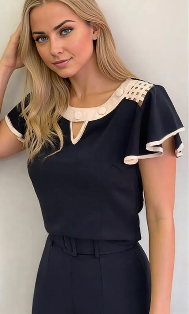 Carina – Damenoberteil Gekräuselte Ärmel Elegant In Orange Weiß Schwarz 1