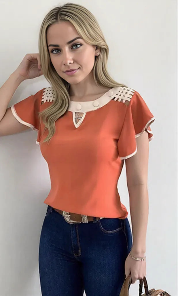 Carina – Damenoberteil Gekräuselte Ärmel Elegant In Orange Weiß Schwarz 2