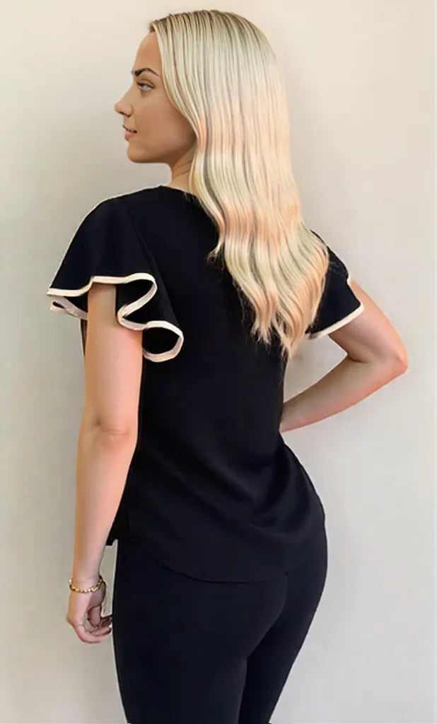 Carina – Damenoberteil Gekräuselte Ärmel Elegant In Orange Weiß Schwarz 4