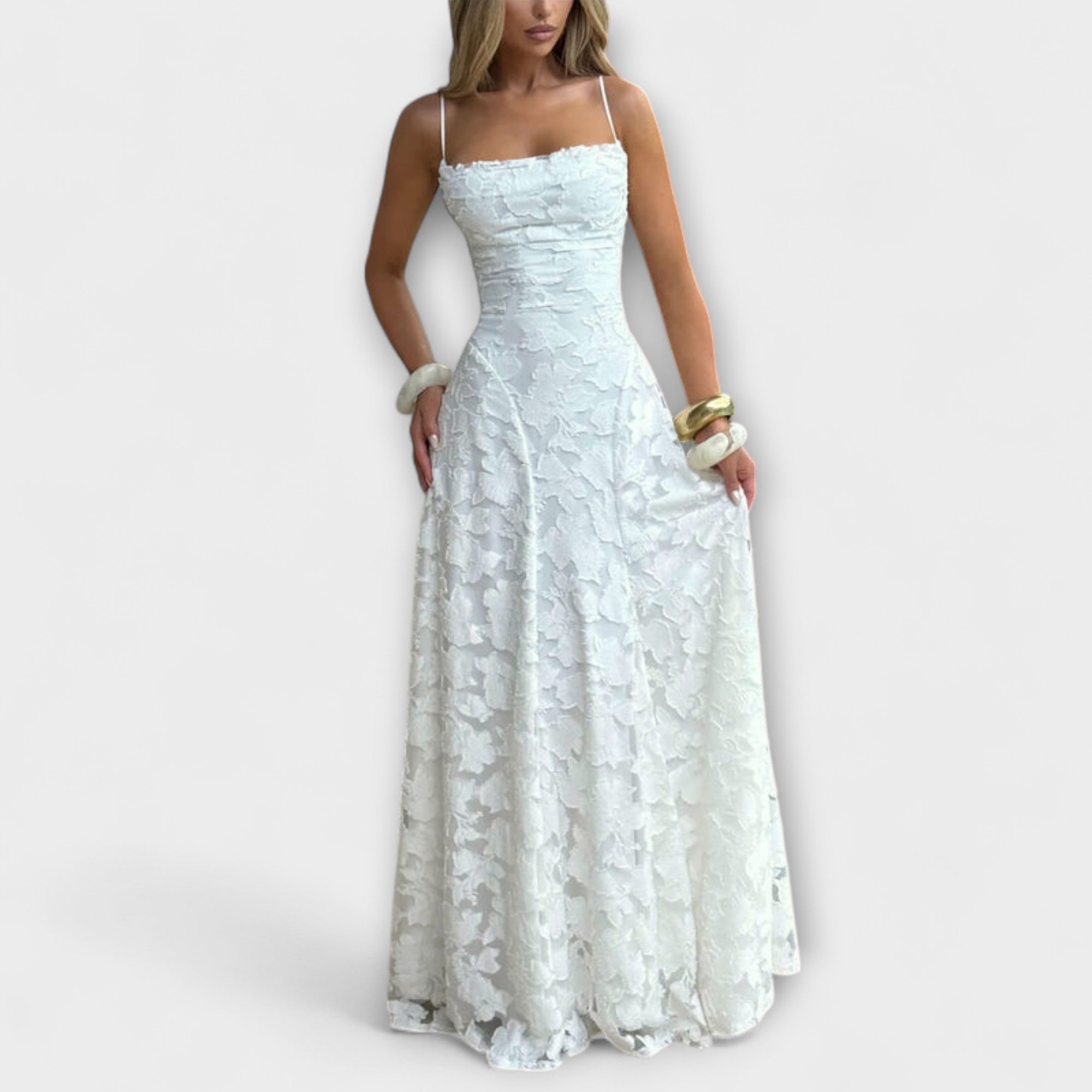 Carlotta - Elegantes Jacquard-Maxikleid Weiß