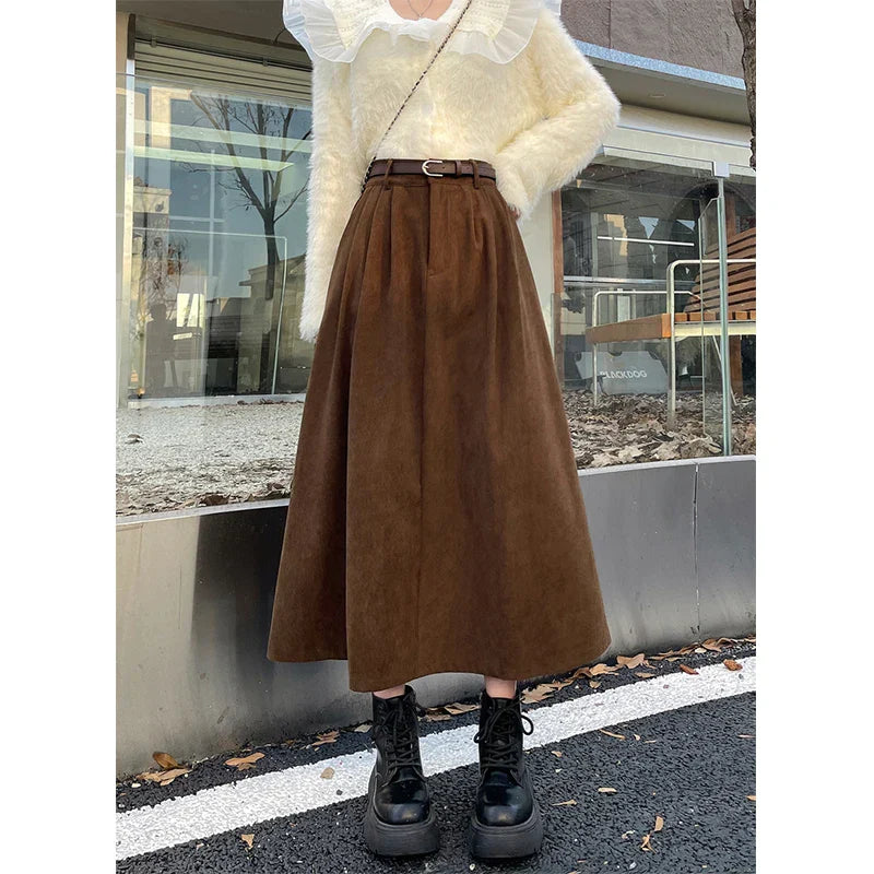 Christina - Damen Vintage Corduroy Midi Rock Elegant Dunkelbraun