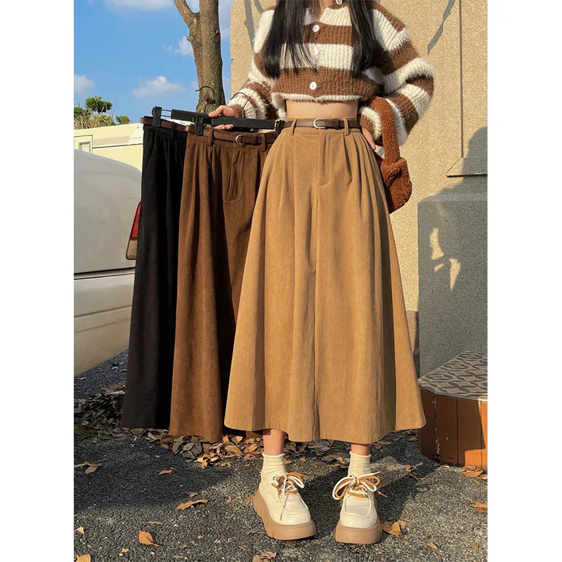 Christina - Damen Vintage Corduroy Midi Rock Elegant Hellbraun
