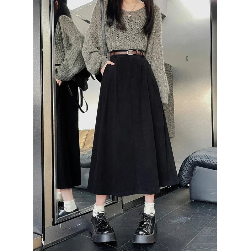 Christina - Damen Vintage Corduroy Midi Rock Elegant Schwarz 