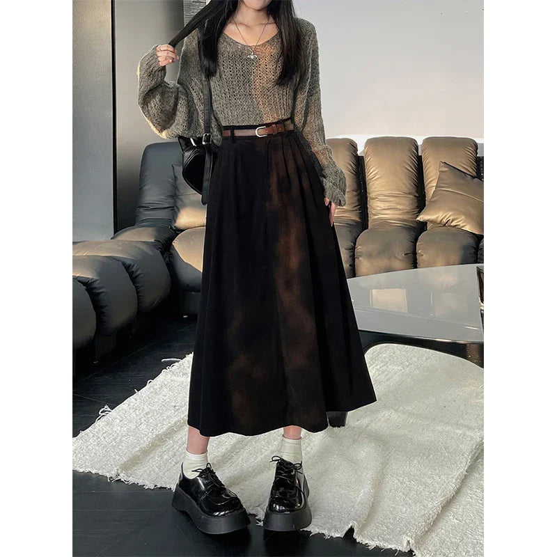 Christina - Damen Vintage Corduroy Midi Rock Elegant Schwarz  