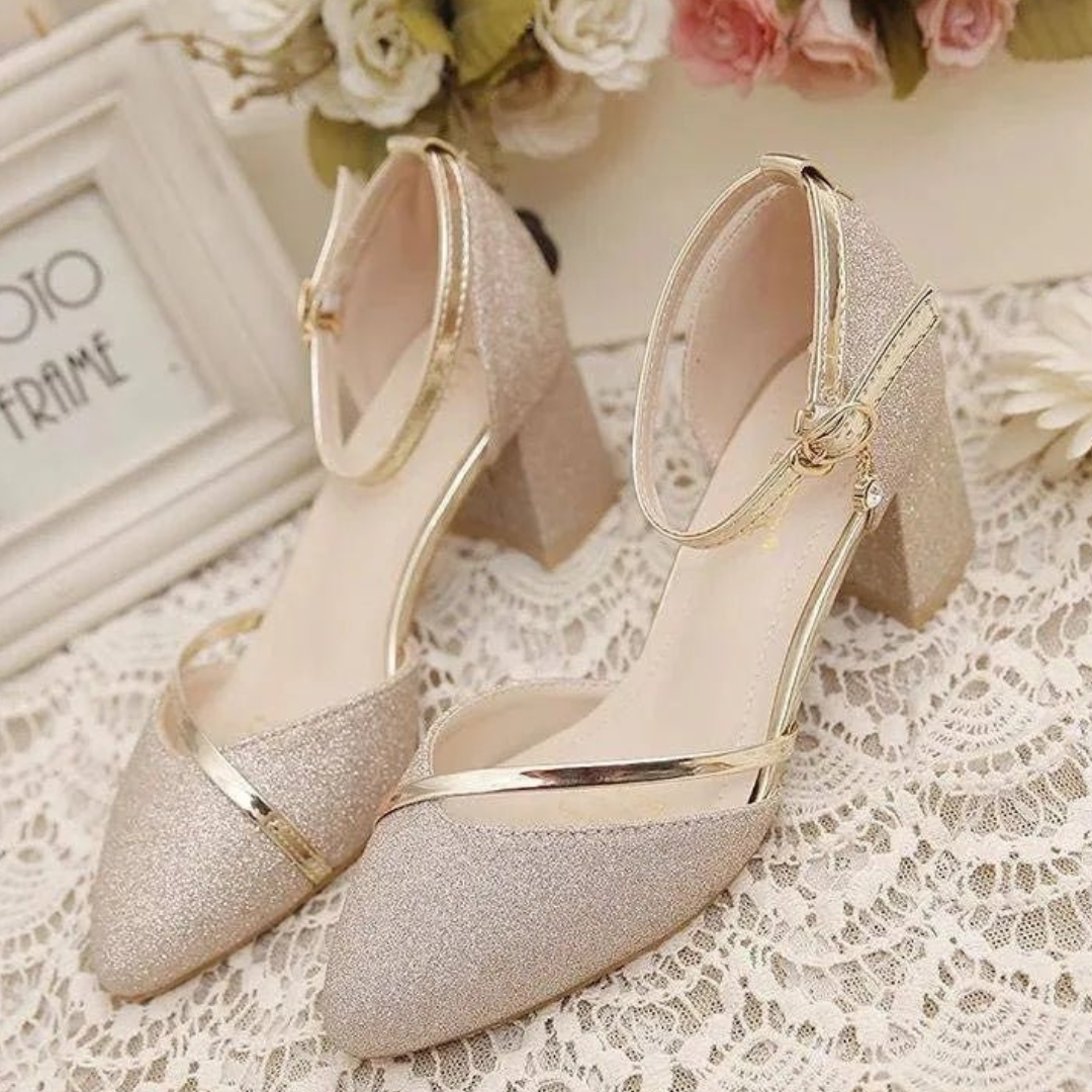 Cilly - Damen Elegante Hochzeitsgast Blockabsatz Sandale Gold