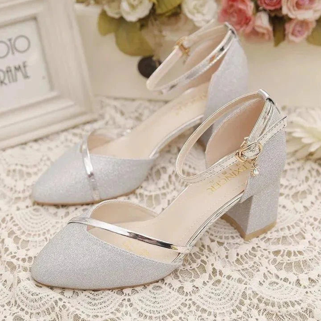 Cilly - Damen Elegante Hochzeitsgast Blockabsatz Sandale Silber