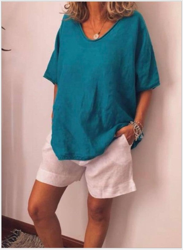 Clara- Bluse mit V-Ausschnitt und kurzen Ärmeln Blau