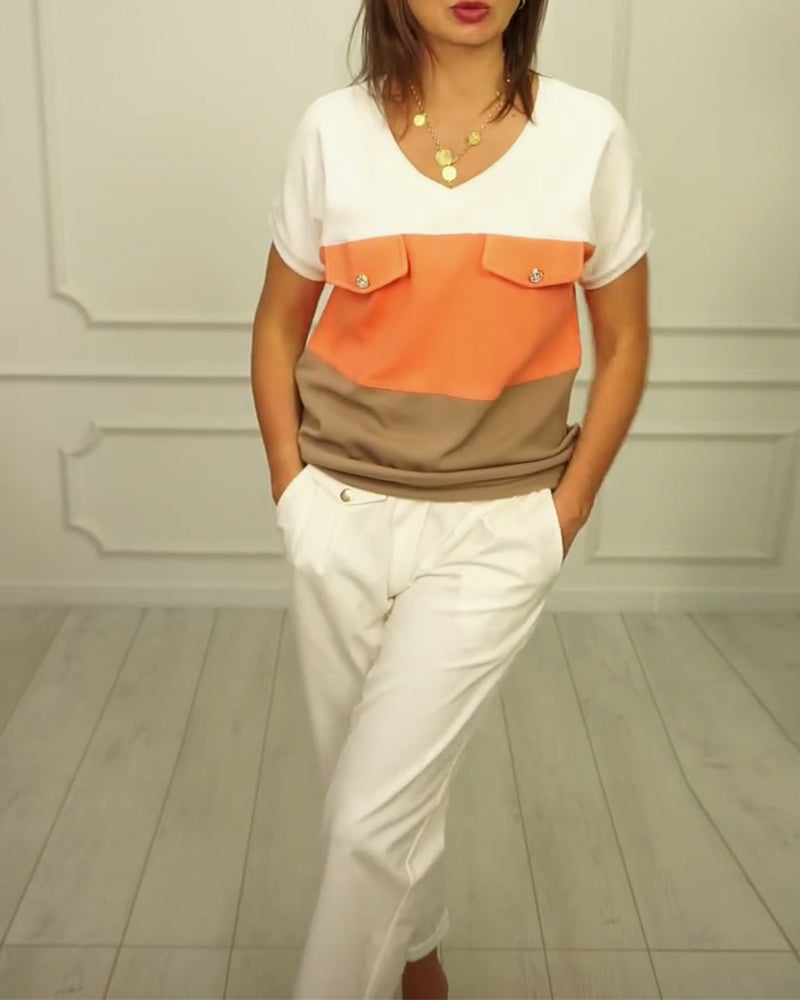 Claudia- T-Shirt V-Ausschnitt Kontrast Casual Orange