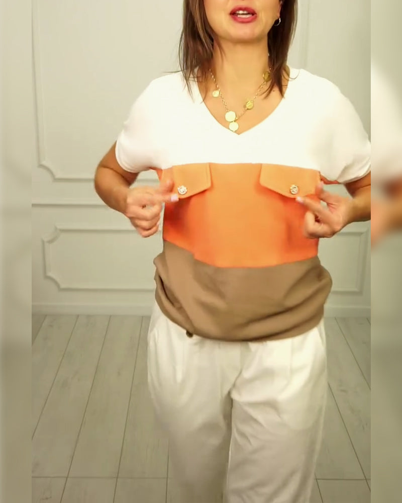 CasualClaudia- T-Shirt V-Ausschnitt Kontrast Casual Orange 1
