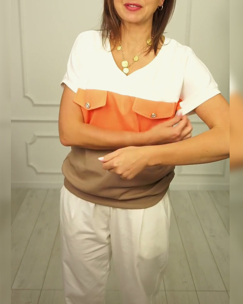 Claudia- T-Shirt V-Ausschnitt Kontrast Casual Orange 2