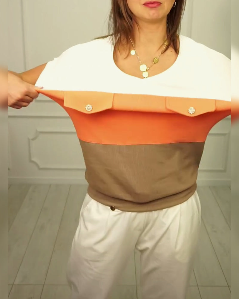 Claudia- T-Shirt V-Ausschnitt Kontrast Casual Orange 3