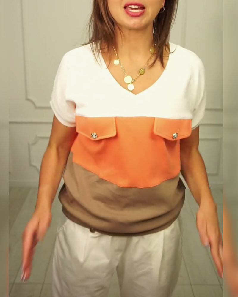 Claudia- T-Shirt V-Ausschnitt Kontrast Casual Orange 4