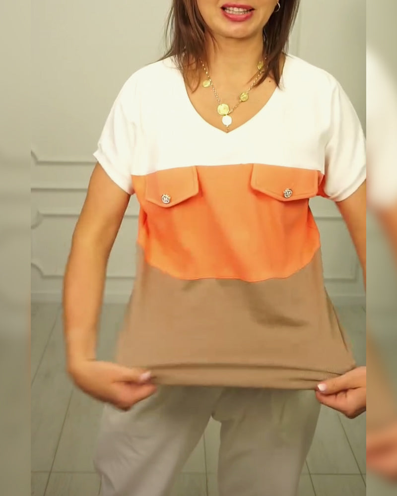 Claudia- T-Shirt V-Ausschnitt Kontrast Casual Orange 5