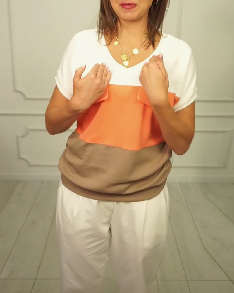 Claudia- T-Shirt V-Ausschnitt Kontrast Casual Orange 6
