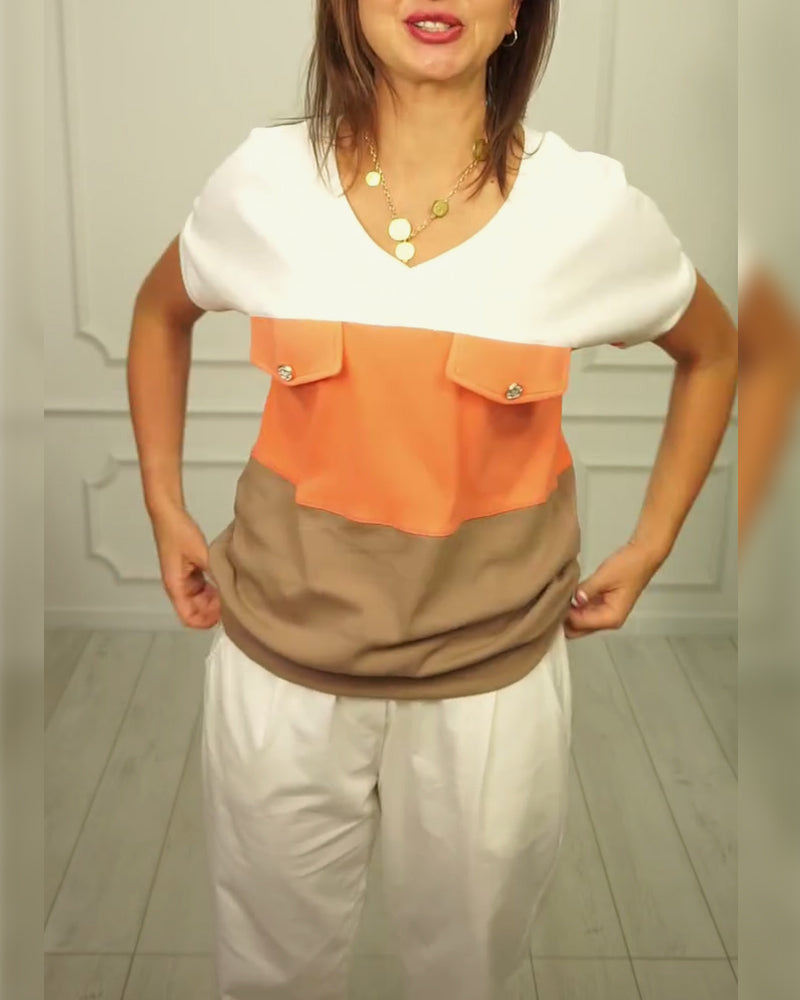 Claudia- T-Shirt V-Ausschnitt Kontrast Casual Orange 7