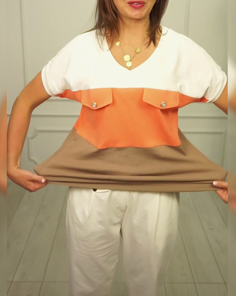 Claudia- T-Shirt V-Ausschnitt Kontrast Casual Orange 8