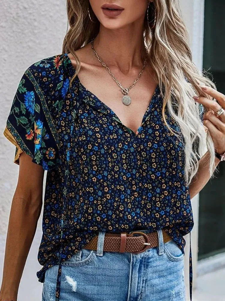 Constanze - Damen Sommerbluse V-Ausschnitt Blau