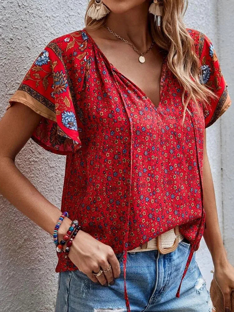 Constanze - Damen Sommerbluse V-Ausschnitt Rot