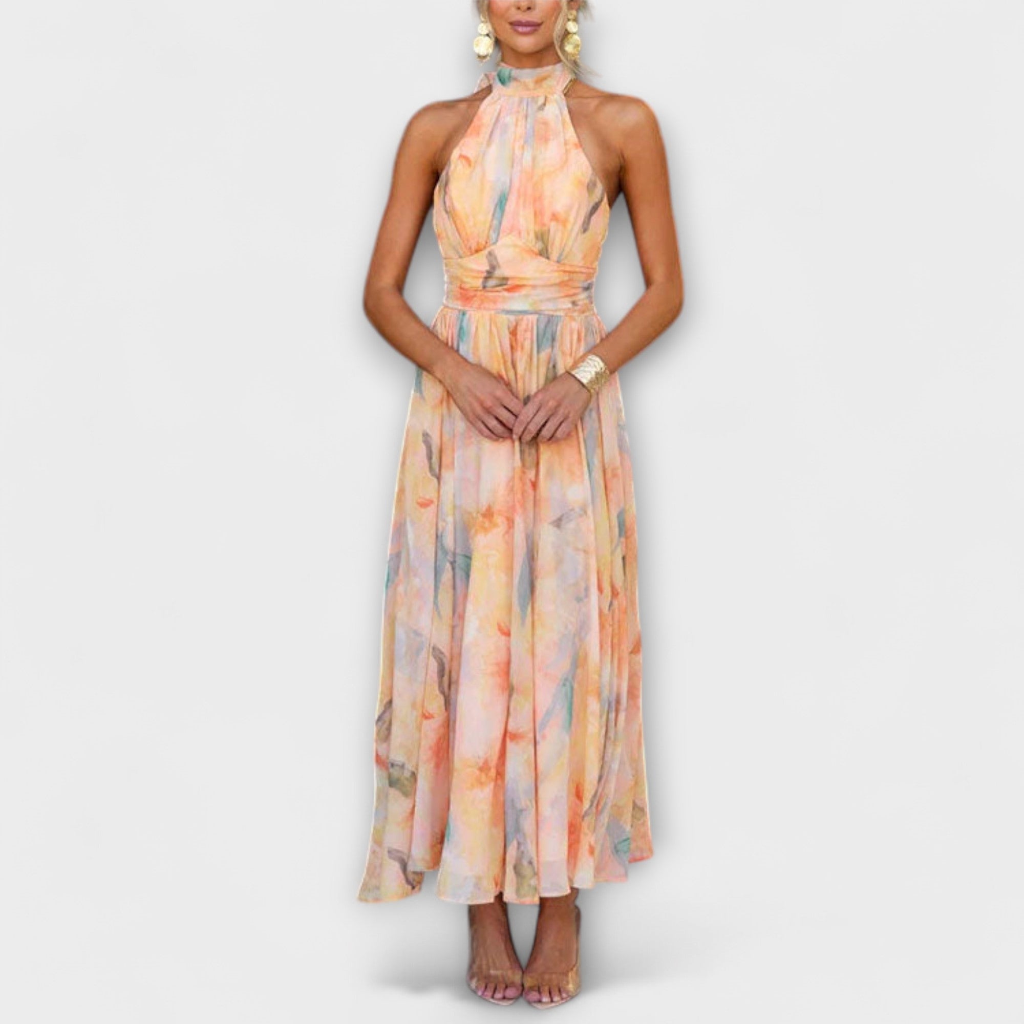 Constanze - Neckholder-Maxikleid mit Aquarellmuster Orange