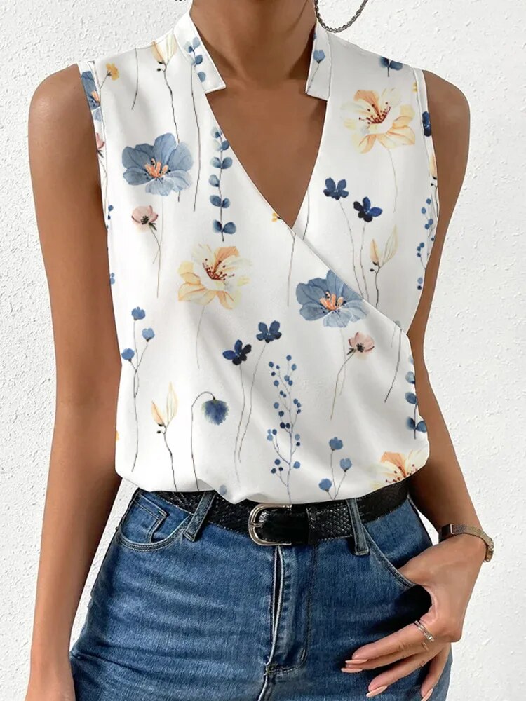 Cybille- Ärmelloses Damen Top Weiß-blaue Blume