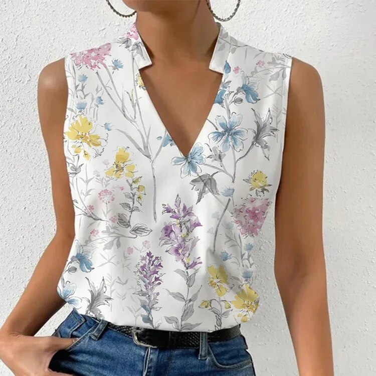 Cybille- Ärmelloses Damen Top Weiß-bunte Blume