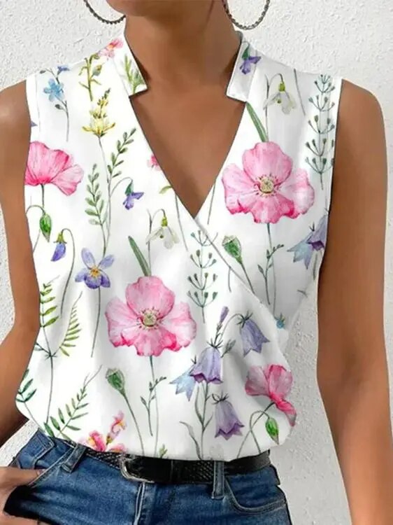 Cybille- Ärmelloses Damen Top Weiß-rosa Blume