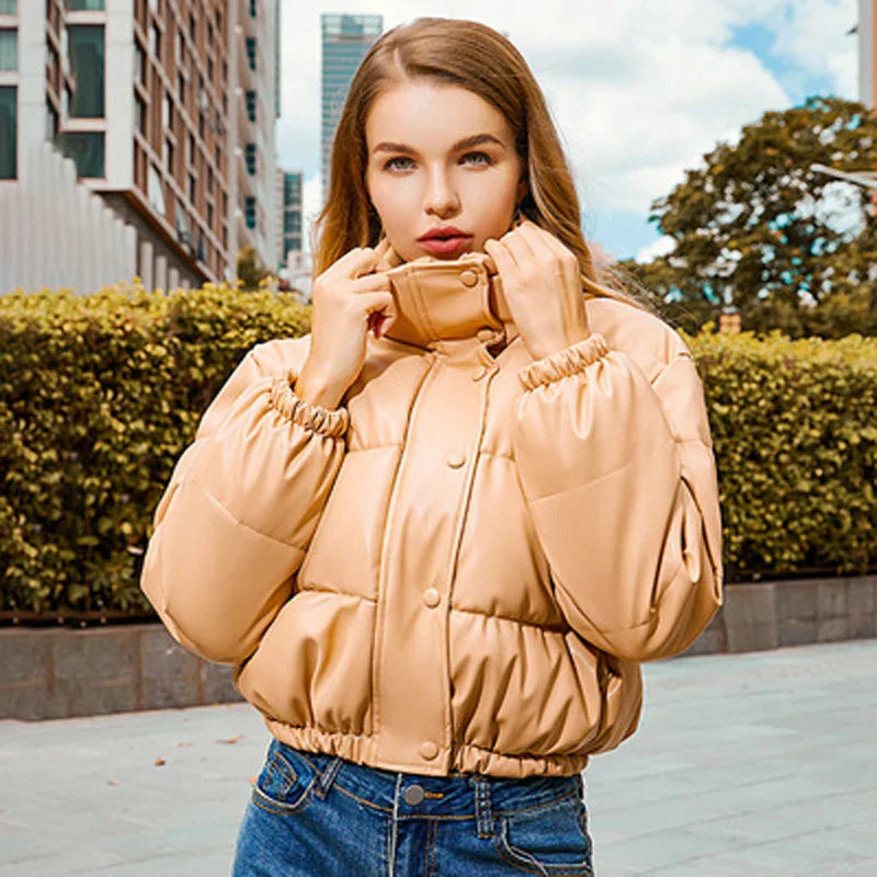 Cyrilla - Kurze Dicke Winterjacke mit Hohem Kragen Khaki
