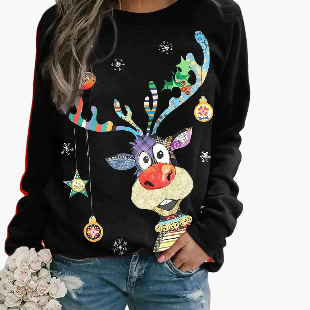 Margot - Damen Weihnachtspullover Rentier Schneemann Print