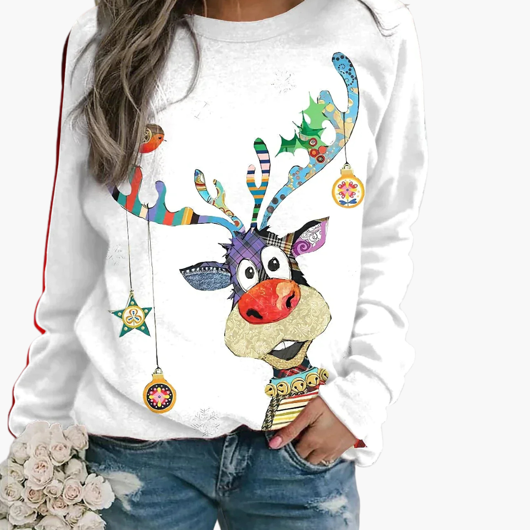 Margot - Damen Weihnachtspullover Rentier Schneemann Print
