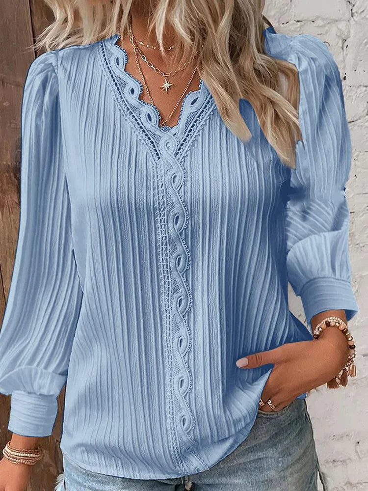 Daniela - Langärmlige Bluse Mit V Ausschnitt Für Damen Blau