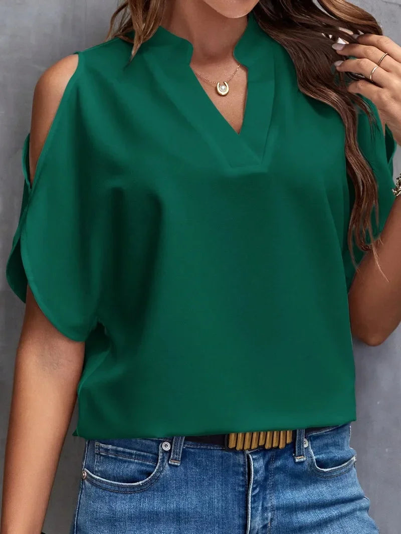 Dominika- Elegante schulterfreie Kurzarmbluse Dunkelgrün