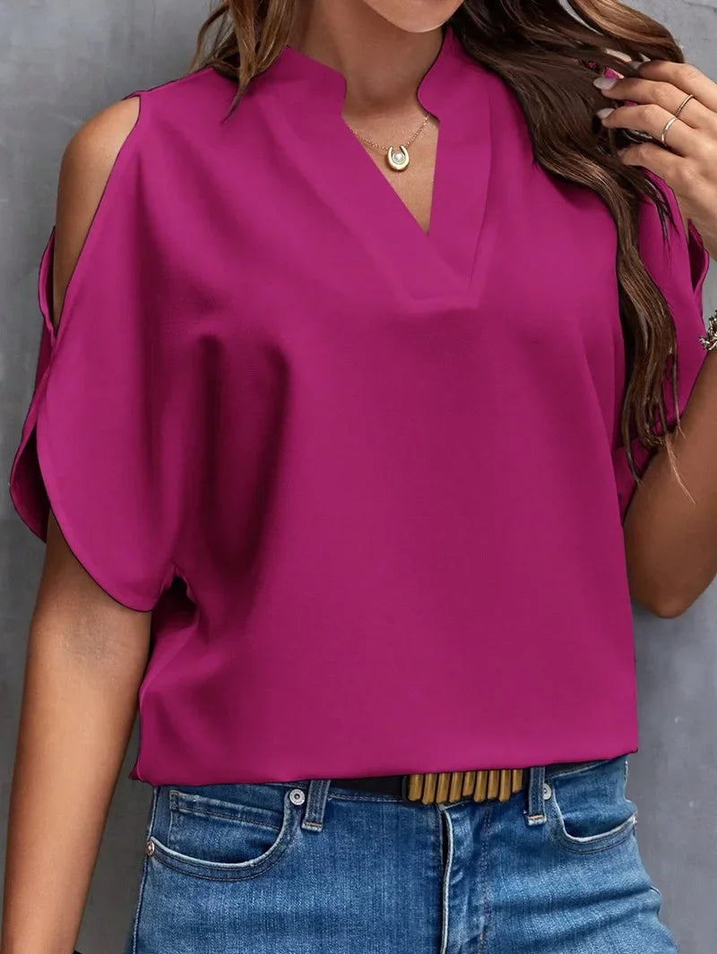 Dominika- Elegante schulterfreie Kurzarmbluse Violettrot