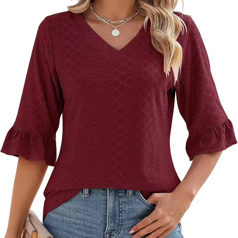 Dorothea – Elegantes Rüschen-Top mit V-Ausschnitt Dunkelrot