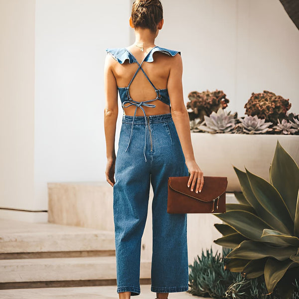 Donna - Gerüschter Denim-Jumpsuit mit Schnürung