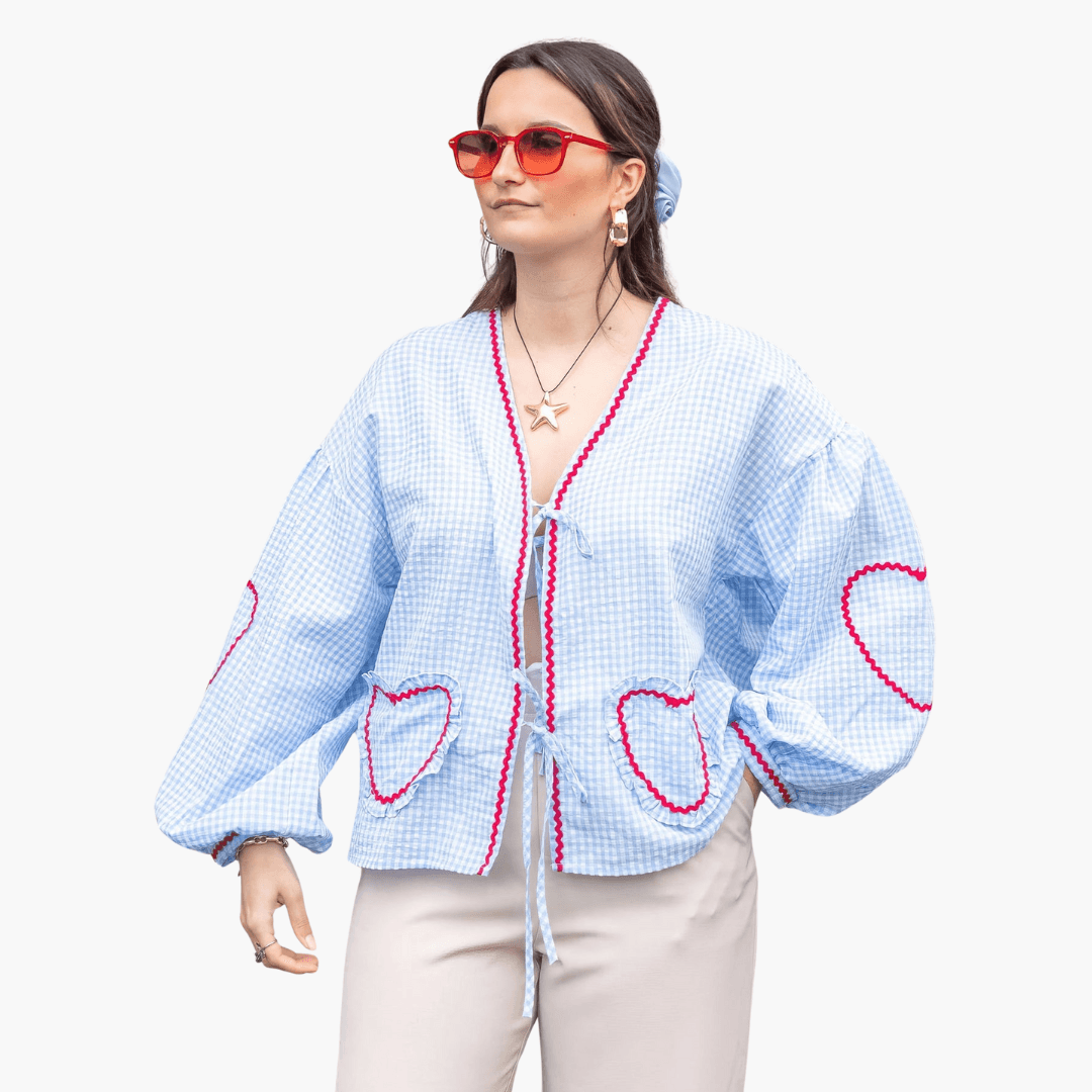 Eivor – Damen Gingham Bluse mit Herz-Taschen Blau