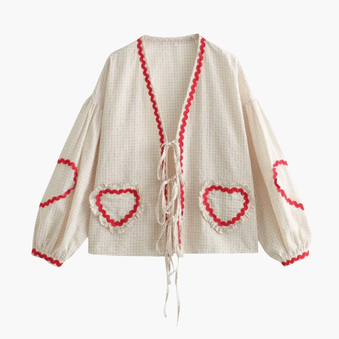 Eivor – Damen Gingham Bluse mit Herz-Taschen Weiß