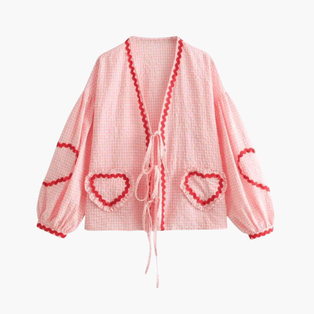 Eivor – Damen Gingham Bluse mit Herz-Taschen Hellrosa