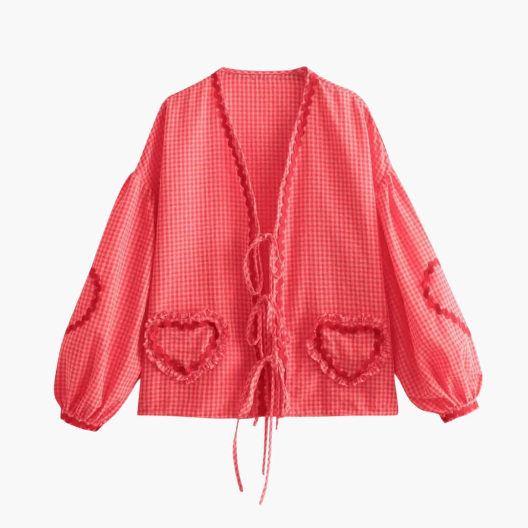 Eivor – Damen Gingham Bluse mit Herz-Taschen Rosa