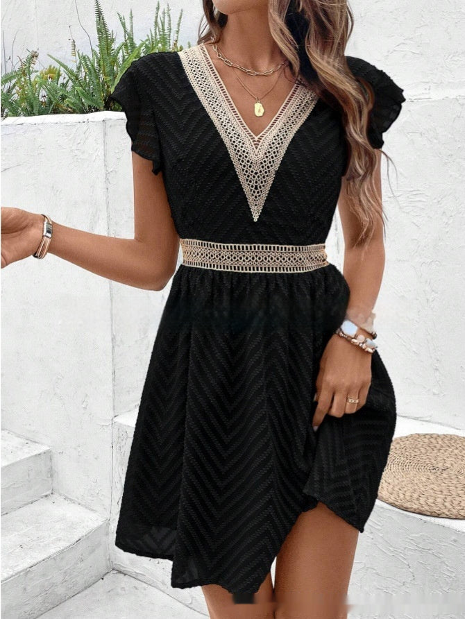 Elfriede - Damen Sommerkleid mit V-Ausschnitt und Spitze – Elegant & Lässig, Ideal für Alltag und Urlaub Schwarz