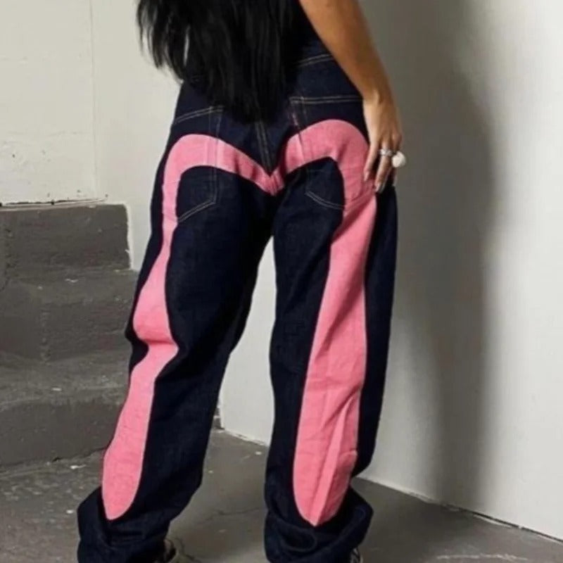 Elsbritt - Damen Baggy Jeans mit auffälligem Print und Streetwear-Design – Modische Freizeitjeans Pink M Wörter