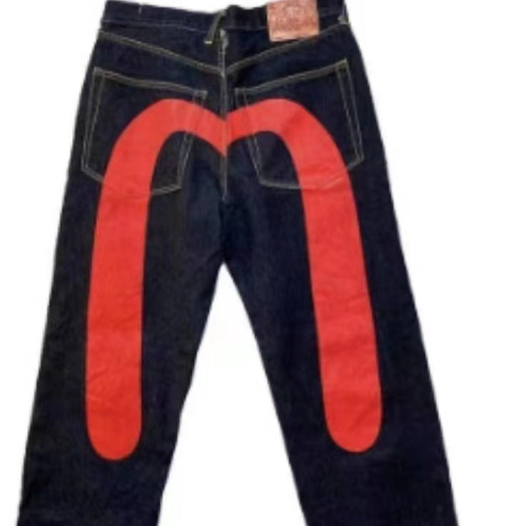 Elsbritt - Damen Baggy Jeans mit auffälligem Print und Streetwear-Design – Modische Freizeitjeans Rot M Wort