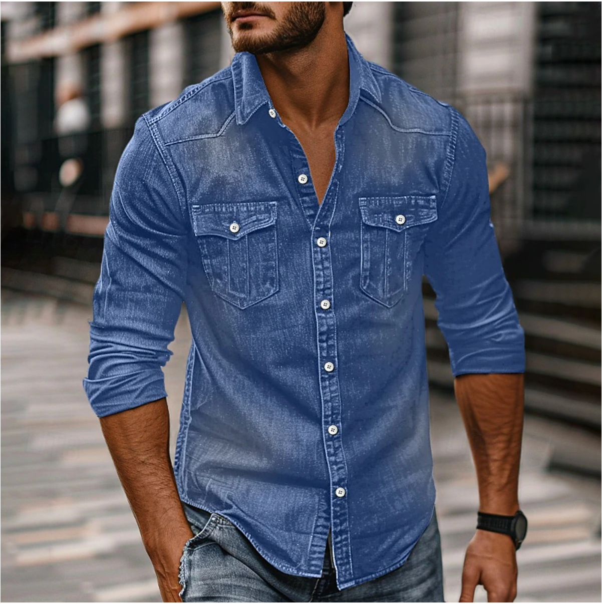 Emil - Denim Hemd mit Knöpfen für Herren Denim Blau