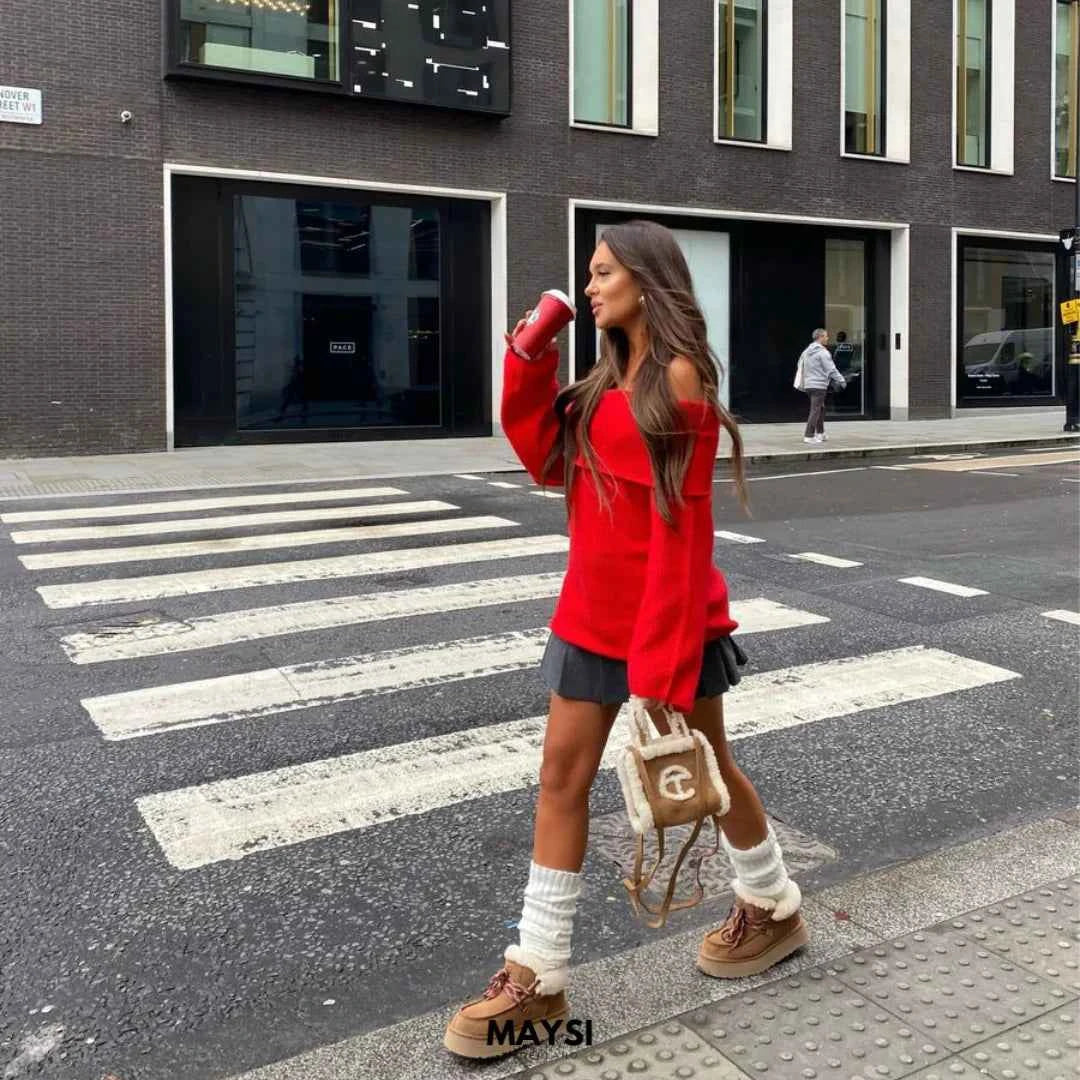 Emilie - Schulterfreier Pullover Damen Elegant Chic rot 