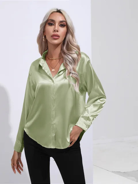 Erla - Elegantes Damen Satin Hemd mit Knopfleiste Hellgrün