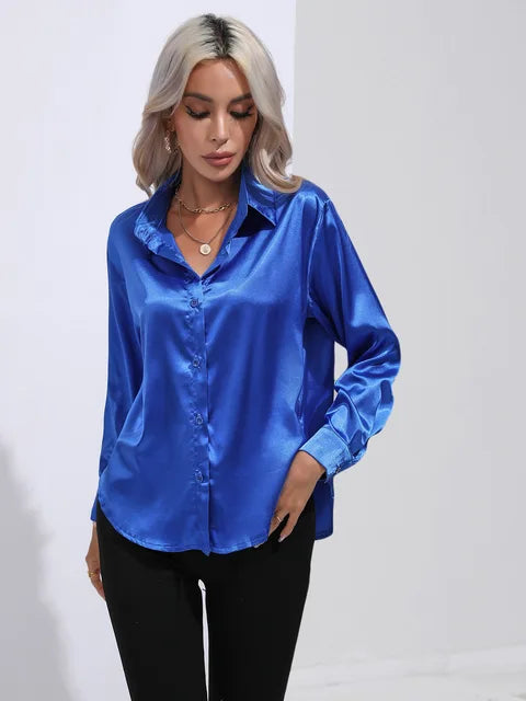 Erla - Elegantes Damen Satin Hemd mit Knopfleiste Königsblau