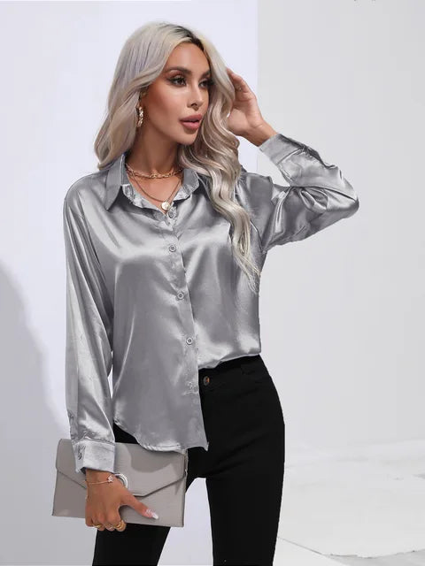 Erla - Elegantes Damen Satin Hemd mit Knopfleiste Silbergrau
