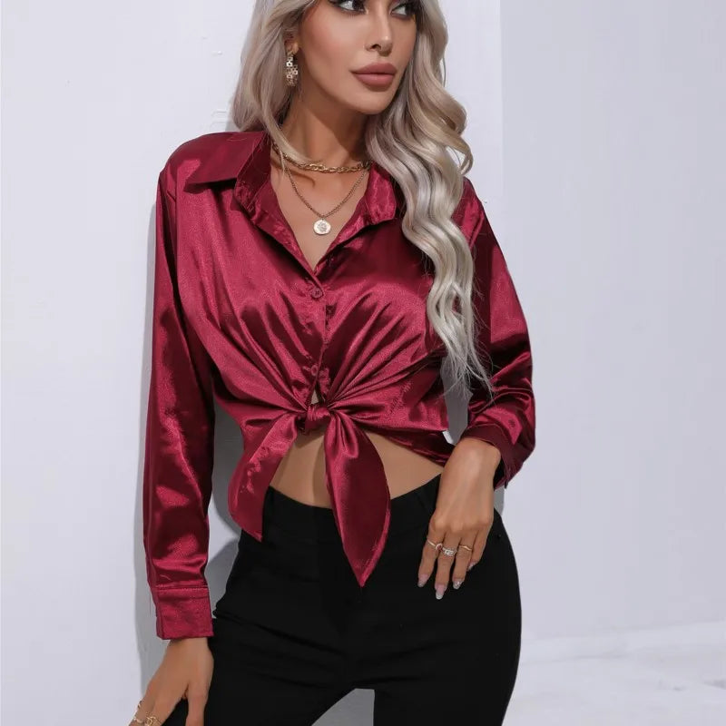 Erla - Elegantes Damen Satin Hemd mit Knopfleiste Weinrot