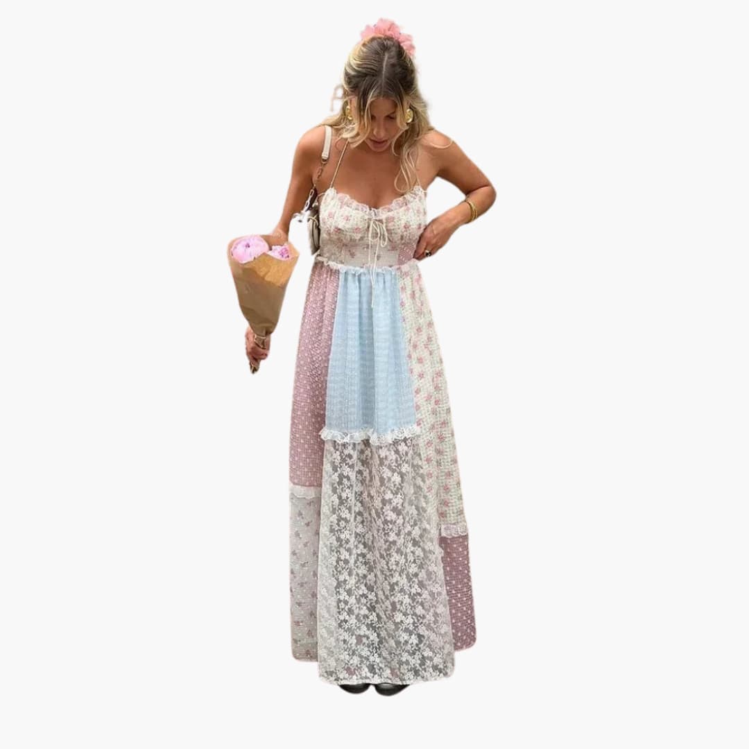 Erlinda – Patchwork Maxikleid für den Sommer Creme