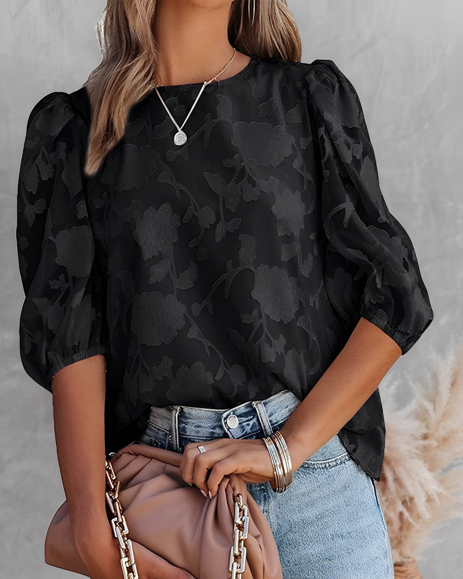 Esme - Puffärmeliges Chiffonhemd Schwarz