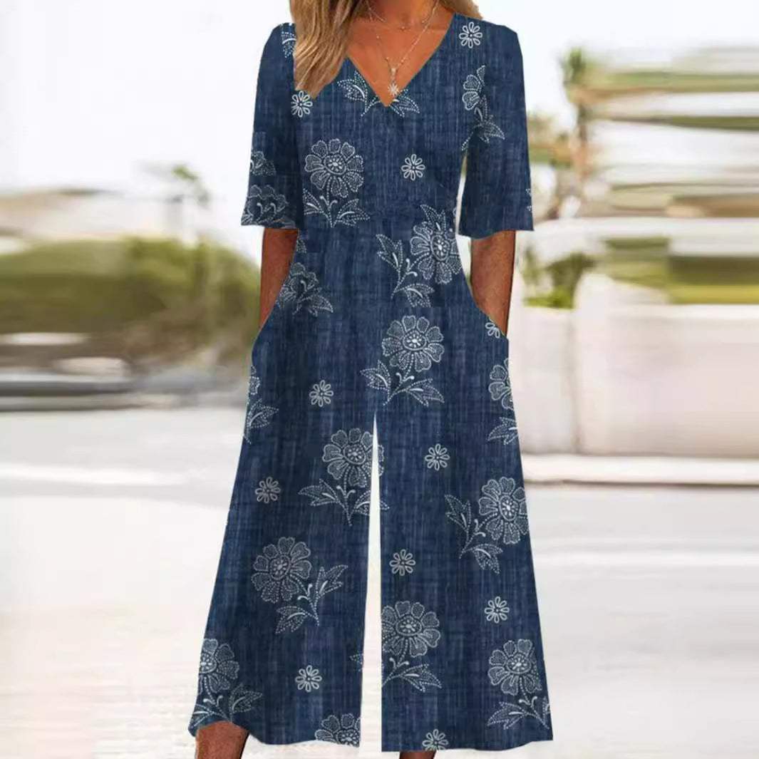 Essen - Eleganter Ausgestellter Jumpsuit mit V-Ausschnitt für Damen Marineblau